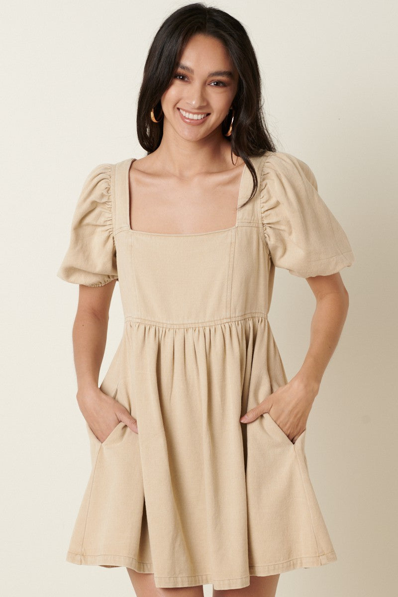 Cord Puff Sleeve Mini Dress