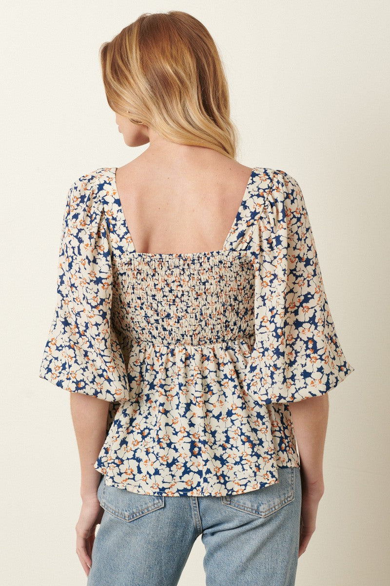3/4 Sleeve Floral Peplum Blouse
