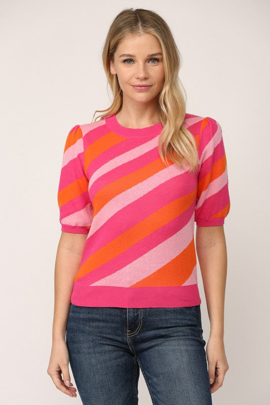 Stripe Short Puff Sleeve Sweater