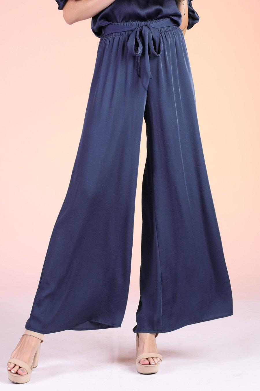 Washed Silk Tie Waist Wide Leg Pants