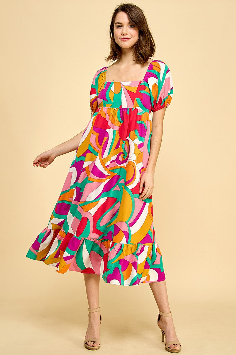 Abstract Print Puff Sleeve Midi Dress