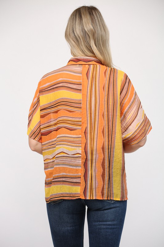 Stripe Front Button Short Sleeve