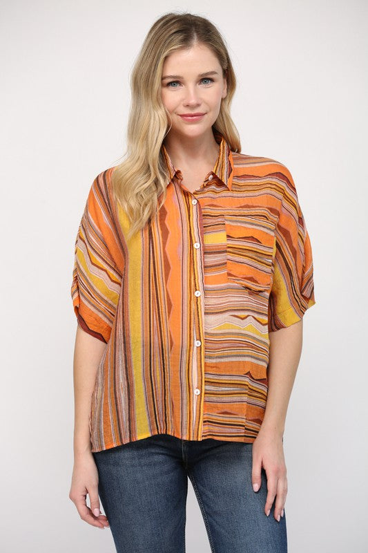 Stripe Front Button Short Sleeve