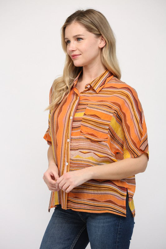 Stripe Front Button Short Sleeve