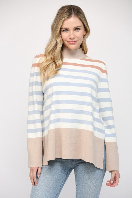 Stripe Mock Neck Bell Sleeve Sweater