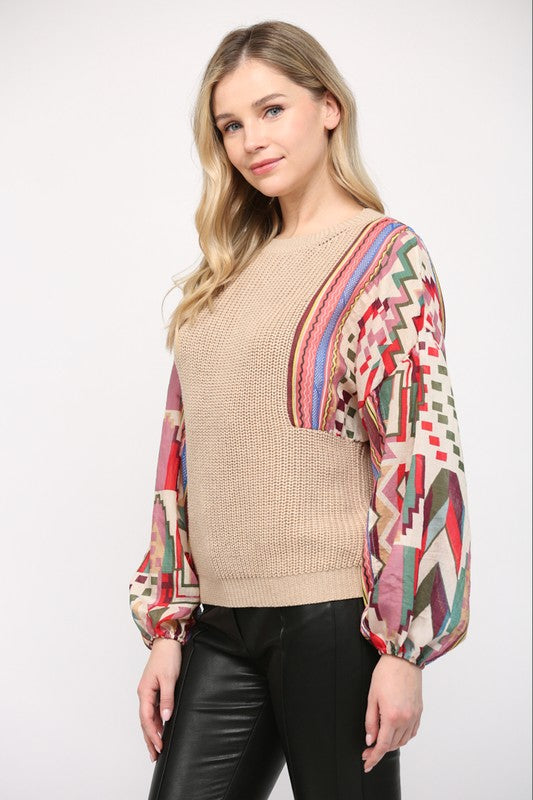Contrast Geo Print Sleeve Sweater