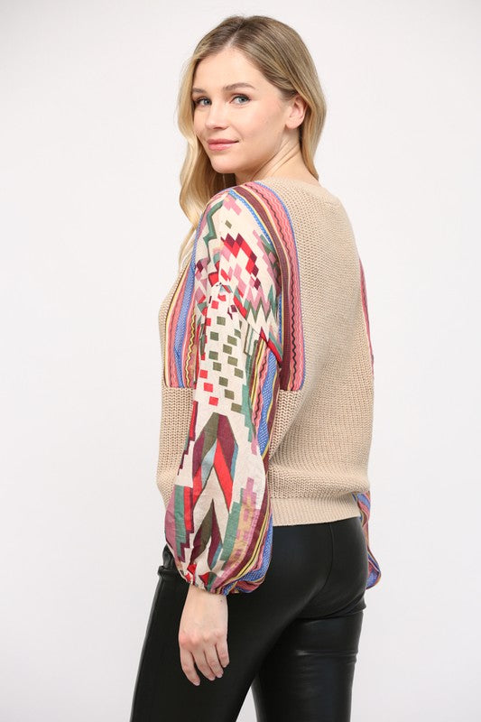 Contrast Geo Print Sleeve Sweater