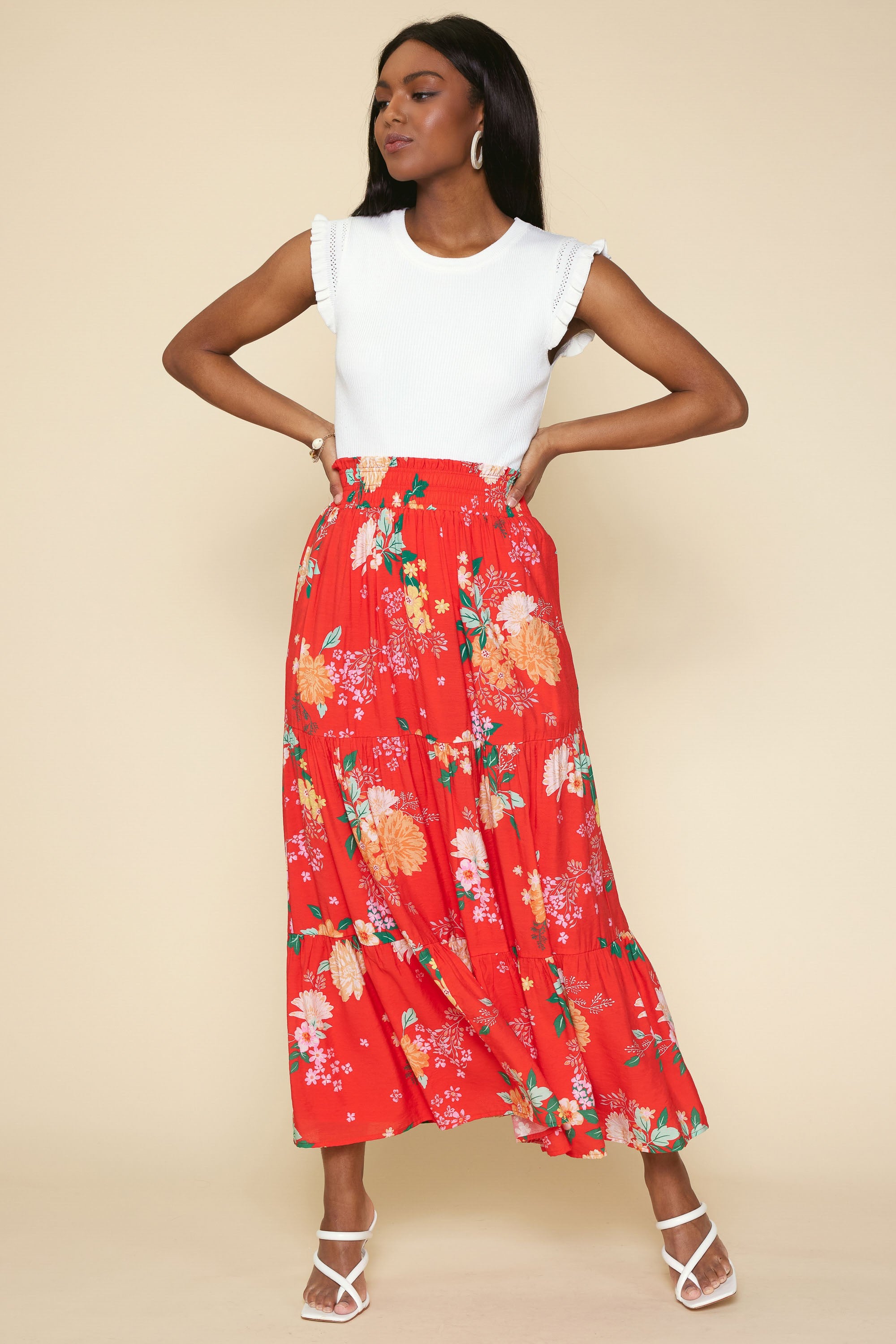 Floral Print Tiered Maxi Skirt