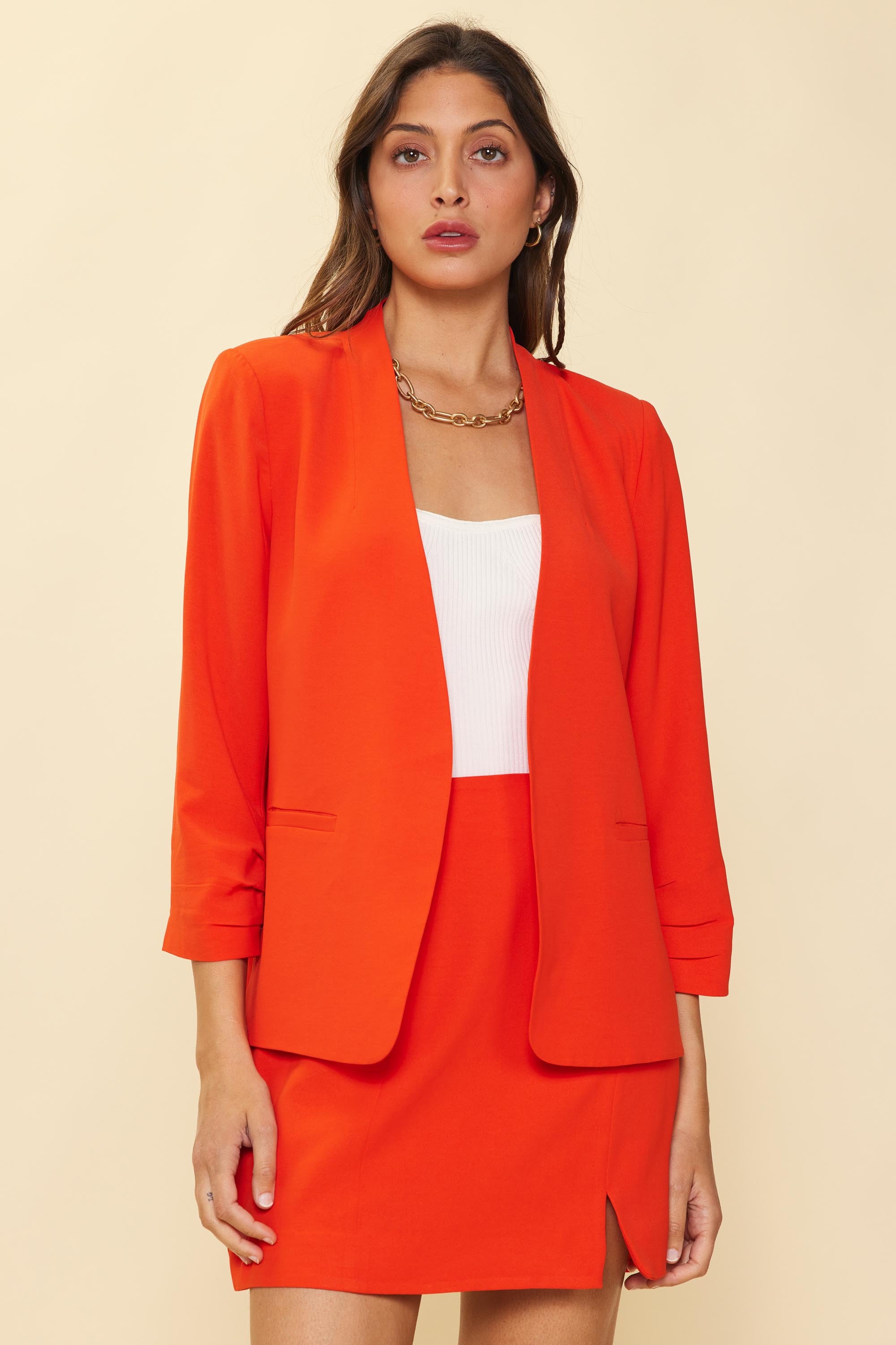 Collarless Pleated Sleeve Blazer