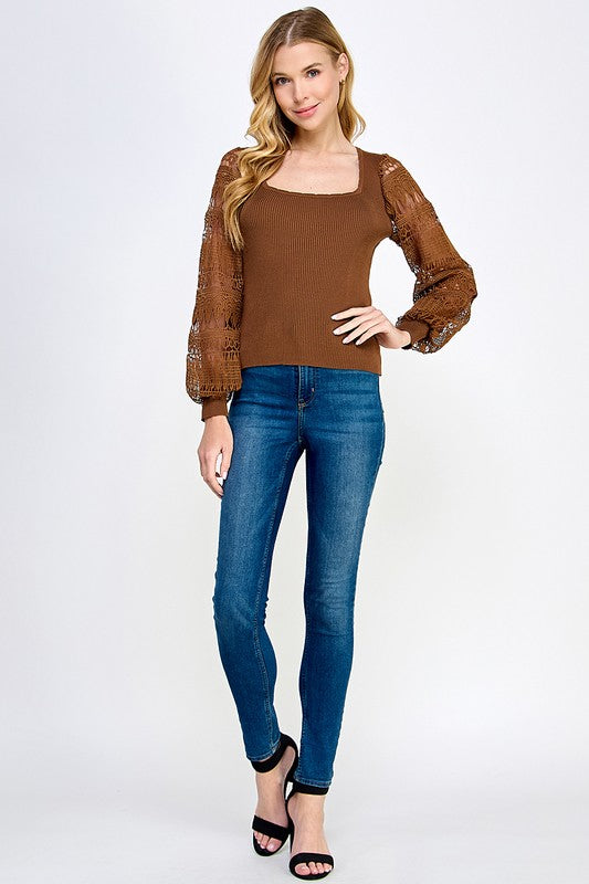 Lace Balloon Sleeve Rib Knit Top