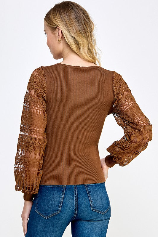 Lace Balloon Sleeve Rib Knit Top