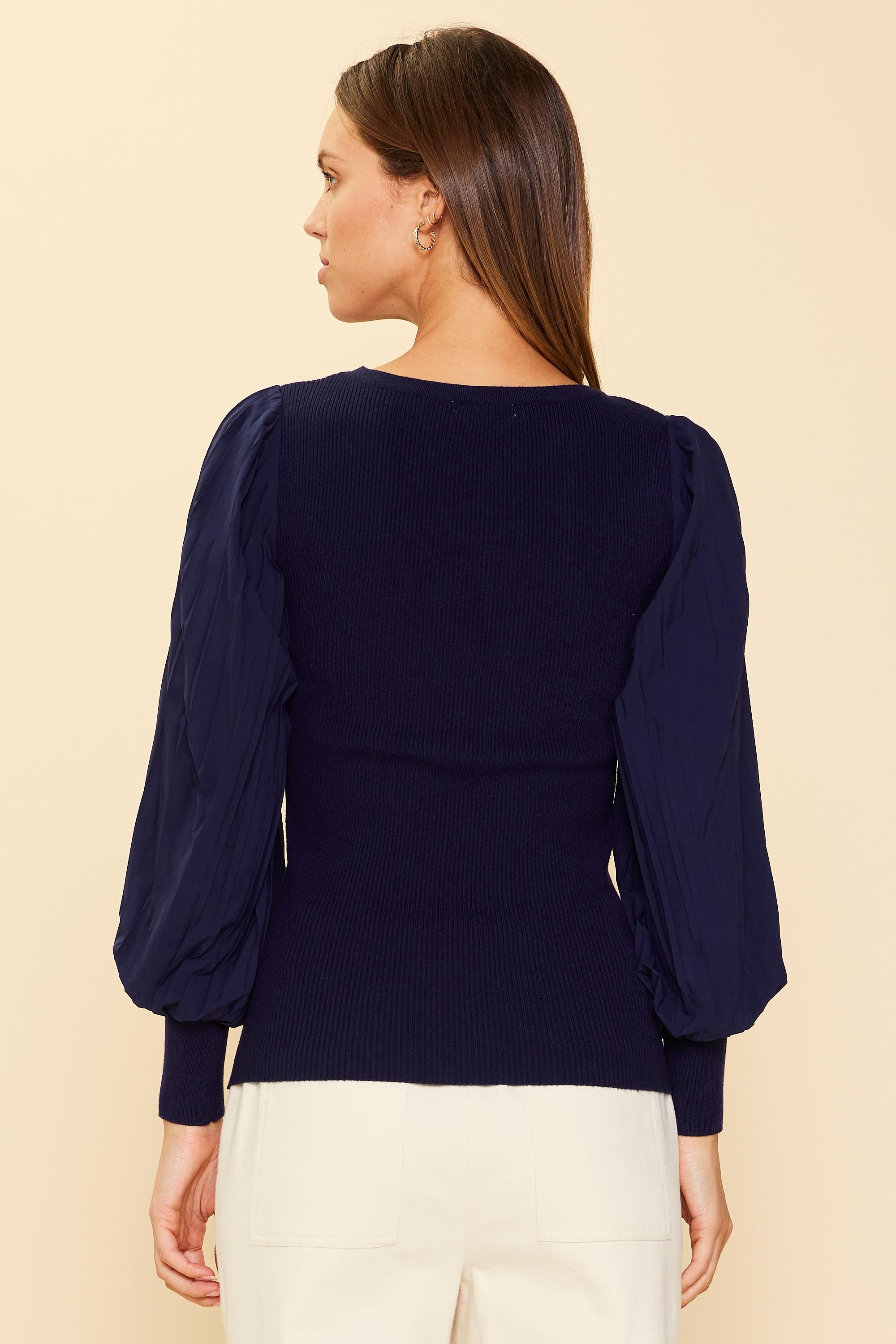 Mixed Media Pleated Sleeve Knit Top