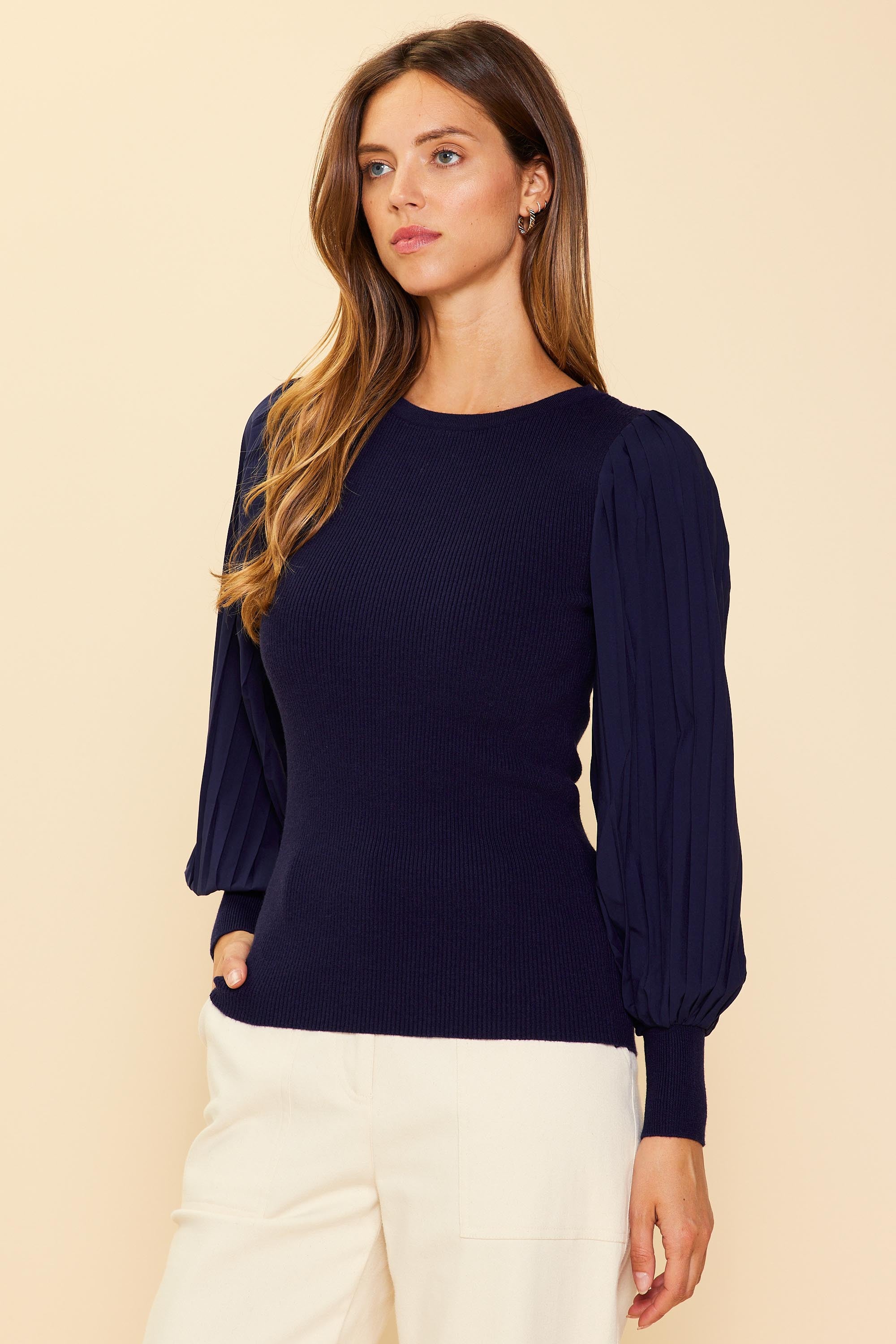Mixed Media Pleated Sleeve Knit Top