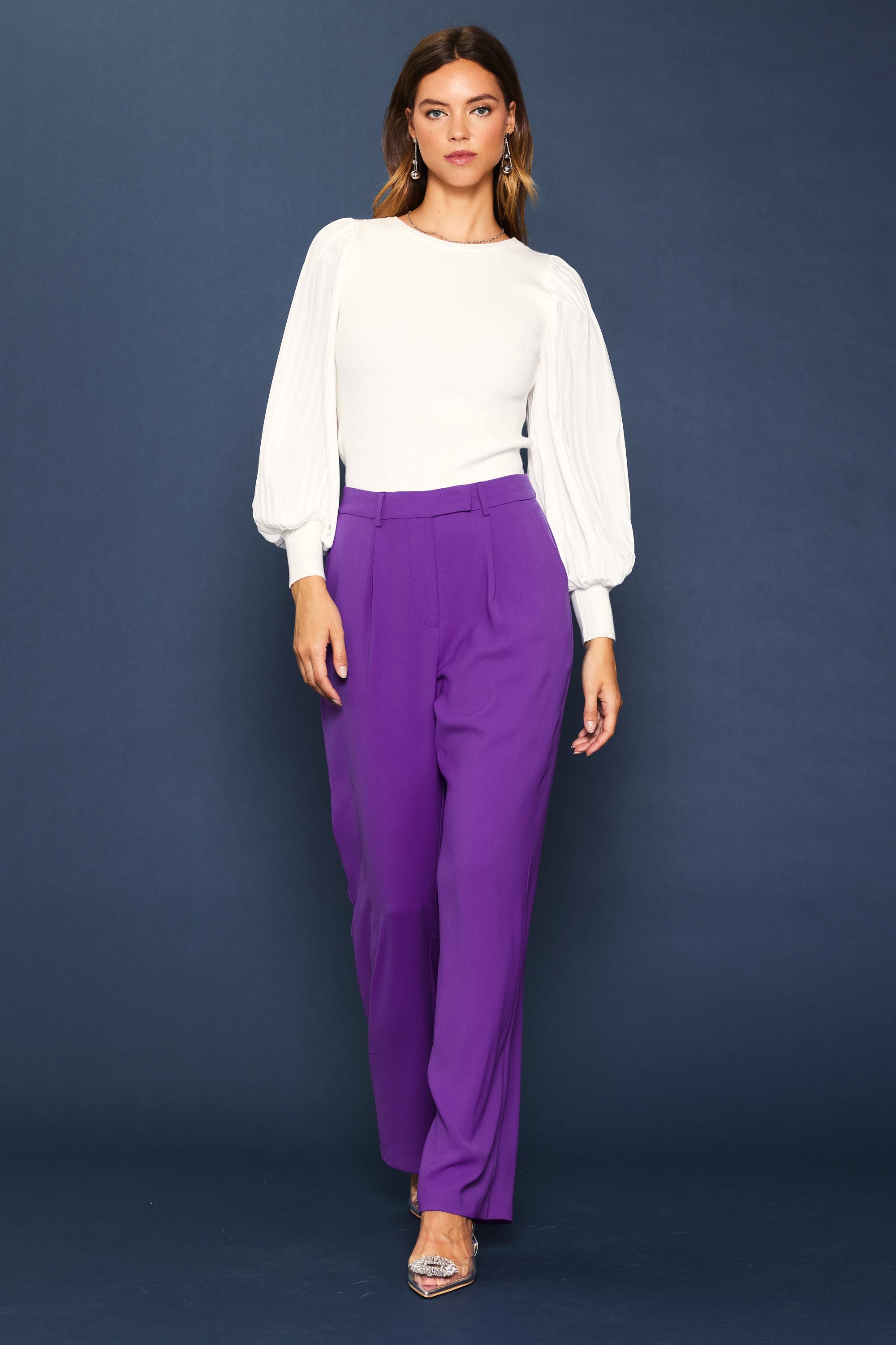 Mixed Media Pleated Sleeve Knit Top
