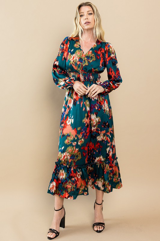 Abstract Print Long Sleeve Midi Dress