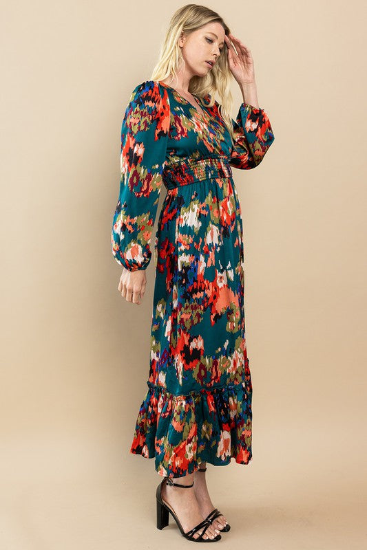 Abstract Print Long Sleeve Midi Dress
