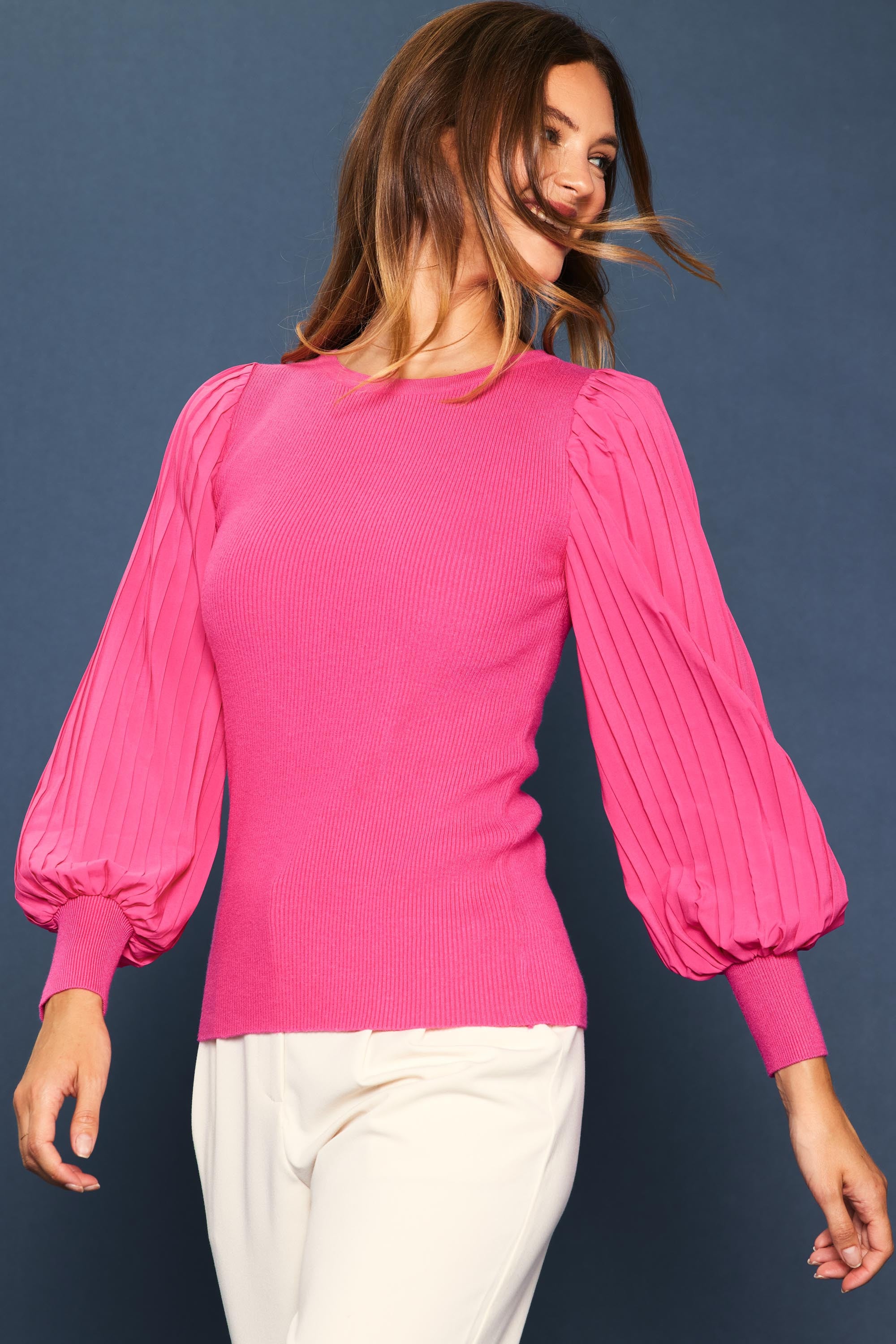 Mixed Media Pleated Sleeve Knit Top