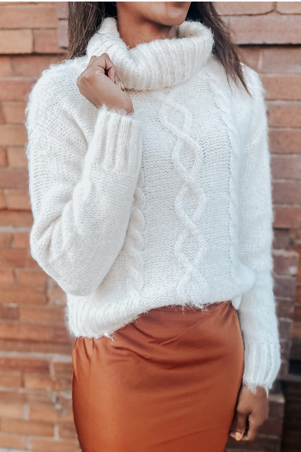 Cable Knit Fuzzy Turtleneck Sweater