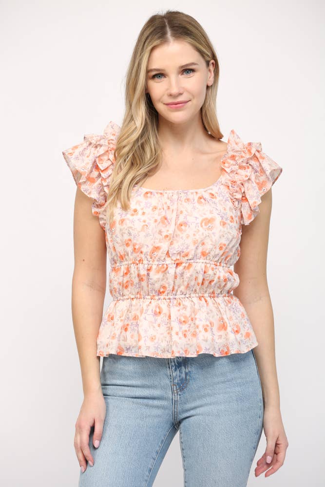 Gathered Waist Flutter Sleeve Top