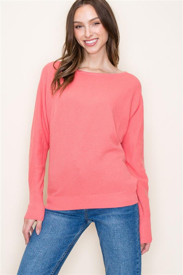 Boat Neck Ribbed Shoulder Long Sleeve