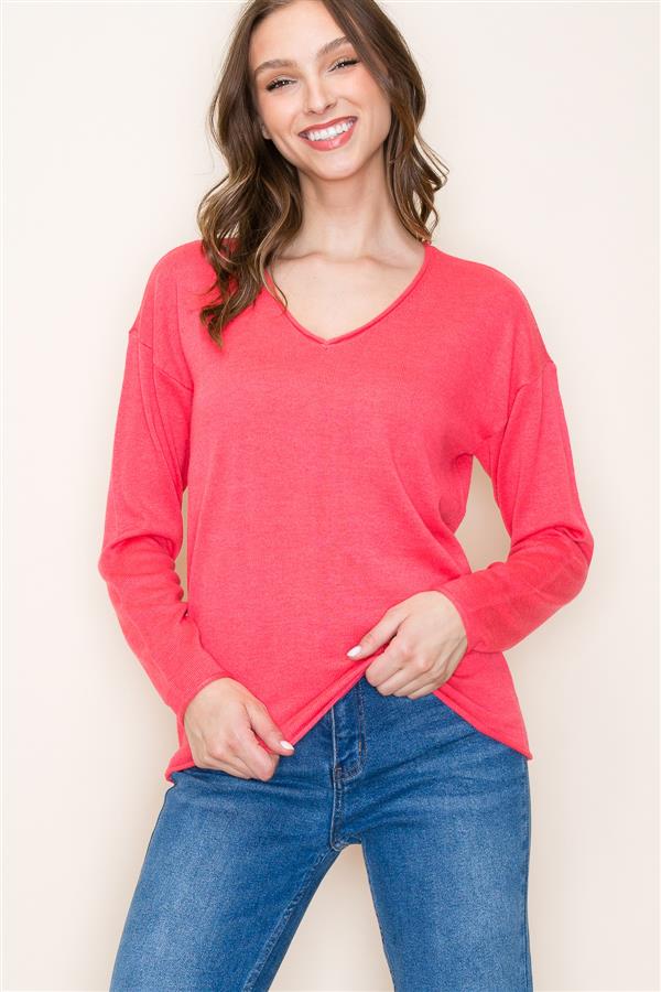 Relaxed V Neck Raw Edge Sweater