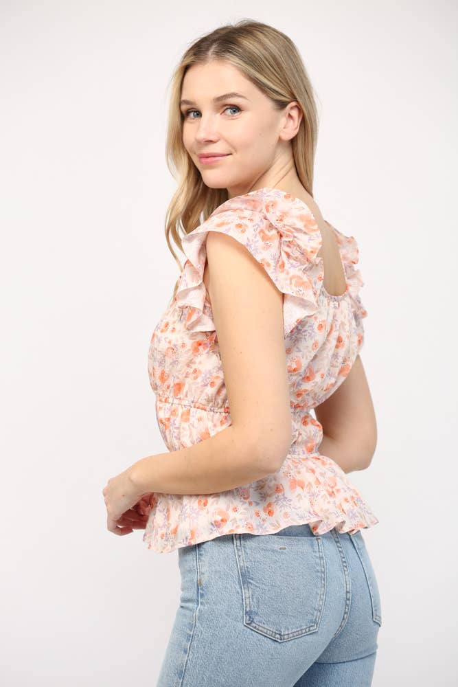 Gathered Waist Flutter Sleeve Top