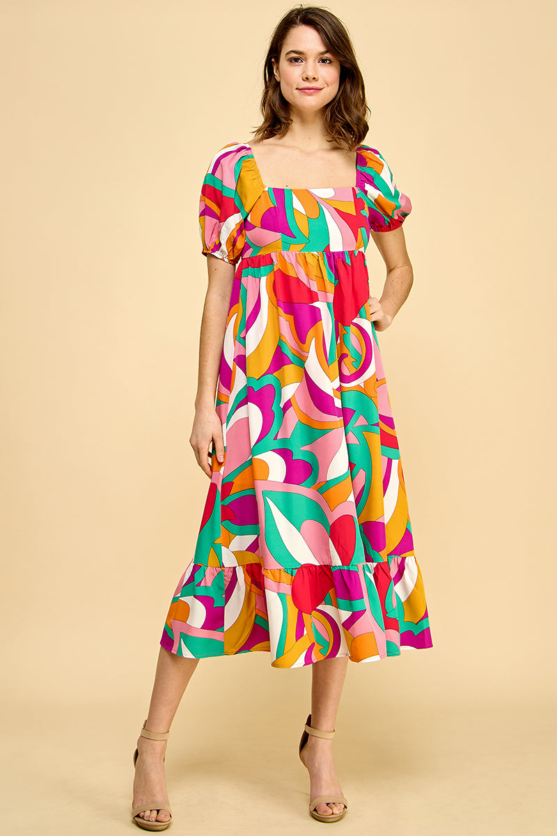 Abstract Print Puff Sleeve Midi Dress