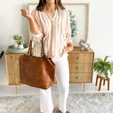 3/4 Sleeve Pleated Raglan Woven Top w/ Fray Hem