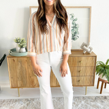 3/4 Sleeve Pleated Raglan Woven Top w/ Fray Hem