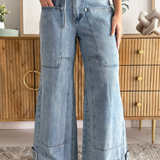 Belted Patch Pocket Wide Leg Jeans