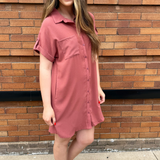 Drop Shoulder Button Up Woven Shirt Dress