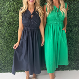 Front-Tie Smocked Detail Midi Dress