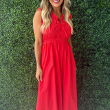 Front-Tie Smocked Detail Midi Dress