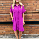 Drop Shoulder Button Up Woven Shirt Dress