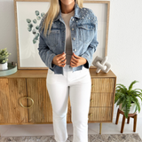 Pearl Stud Denim Jacket with Raw Edge Hem