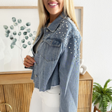 Pearl Stud Denim Jacket with Raw Edge Hem