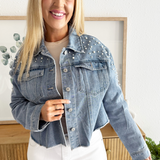 Pearl Stud Denim Jacket with Raw Edge Hem