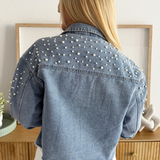 Pearl Stud Denim Jacket with Raw Edge Hem