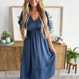 Satin Elastic Waist Balloon Sleeve Dress