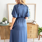 Satin Elastic Waist Balloon Sleeve Dress