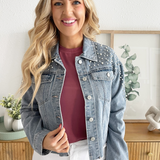 Pearl Stud Denim Jacket with Raw Edge Hem