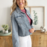 Pearl Stud Denim Jacket with Raw Edge Hem