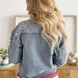Pearl Stud Denim Jacket with Raw Edge Hem