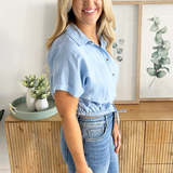 Short Sleeve Button Up Tie Front Shirt