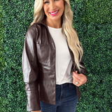 Faux Leather Lapel Collar V-Neck Button Down Shirt