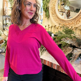 V Neck Long Sleeve Pointelle Striped Pullover