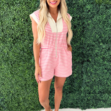 Drop Shoulder Front Half Zip Romper with Pockets