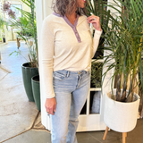 Color Trimmed Button Henley Long Sleeve Top