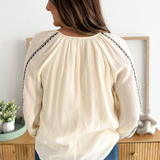 Long Sleeve Woven Raglan Blouse W/ Embroidery