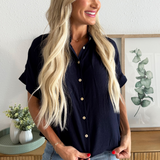 Solid Short Sleeve Button Down Top